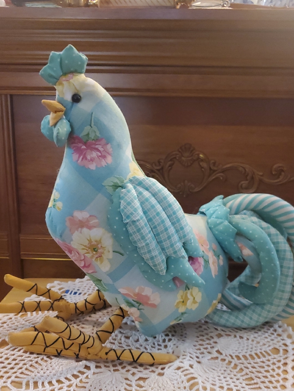 Blue Floral Fabric Rooster Decorative Soft Sculpture